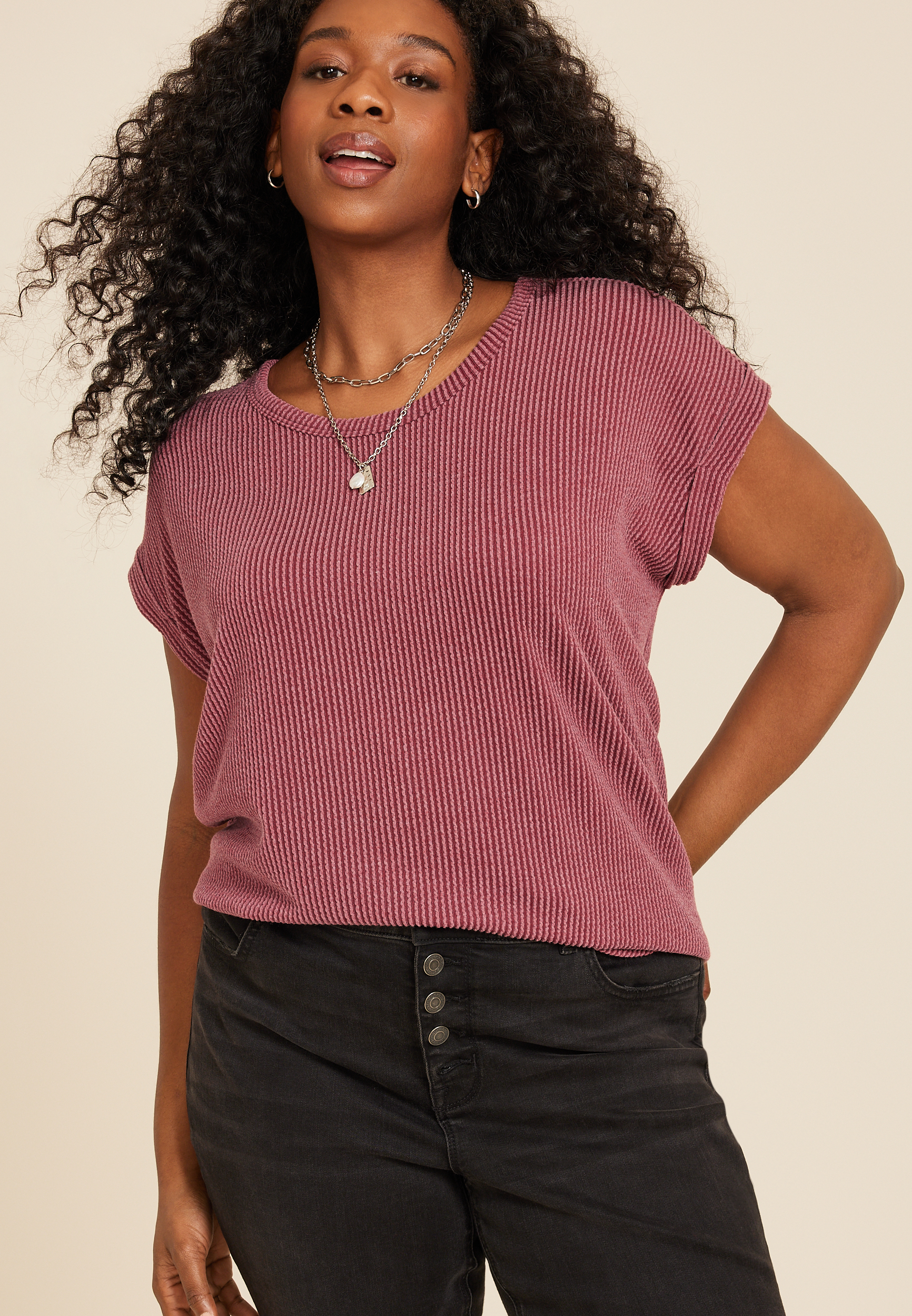 Maurices 1X Plus Size Women's 24/7 Clara Short Sleeve Wavy Ribbed Tee Red