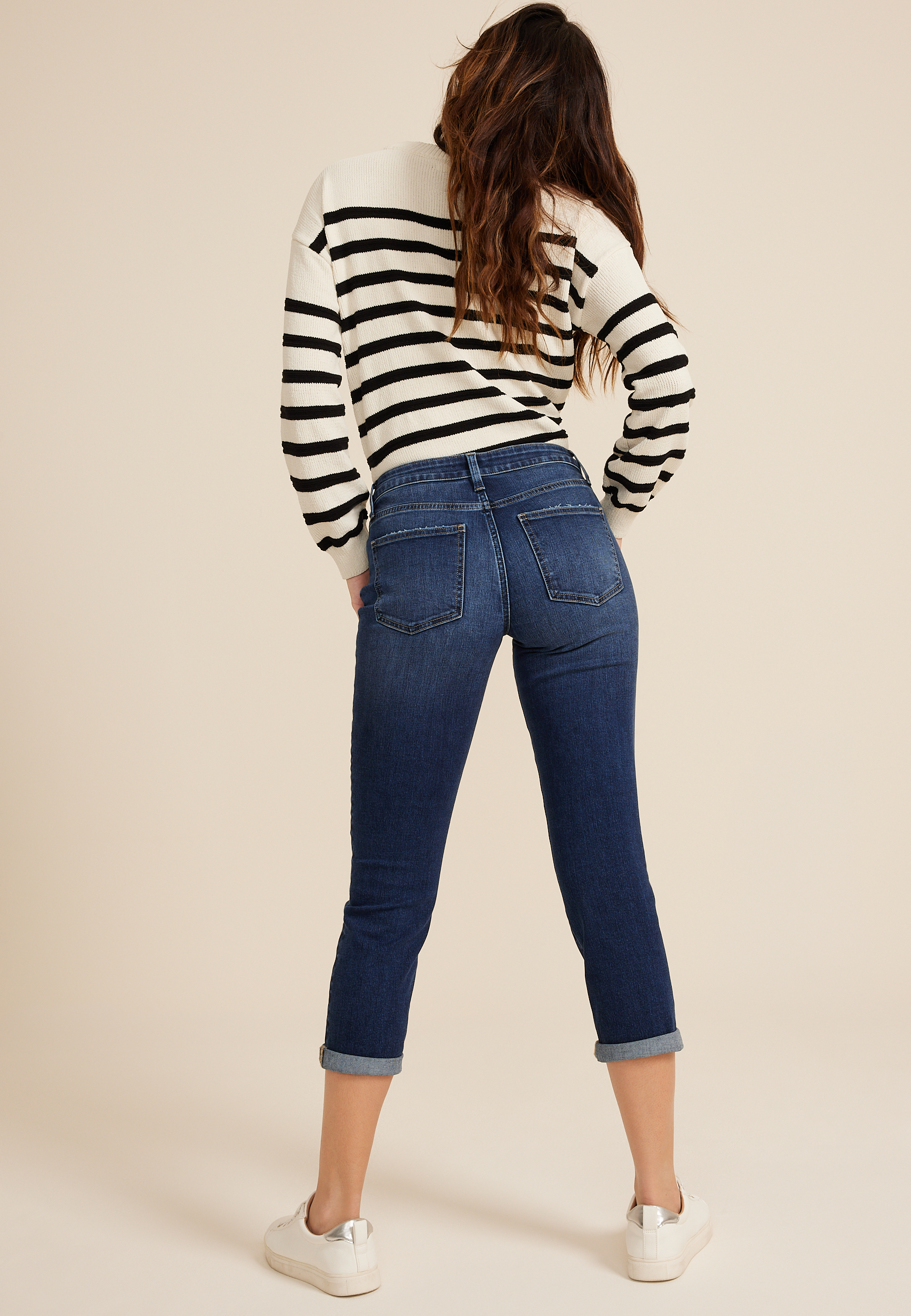 m jeans by maurices&trade; Classic Dark Mid Rise Rolled Hem Straight Crop Jean, , large