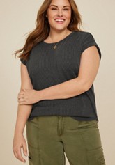Plus Size Ribbed Knit Shawl Collar Tunic Sweatshirt