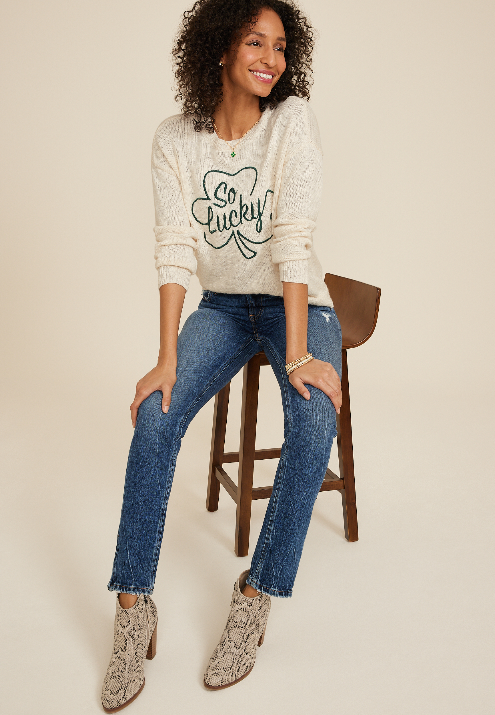 So Lucky Embroidered Sweater, SUGAR SWIZZLE COMBO, large