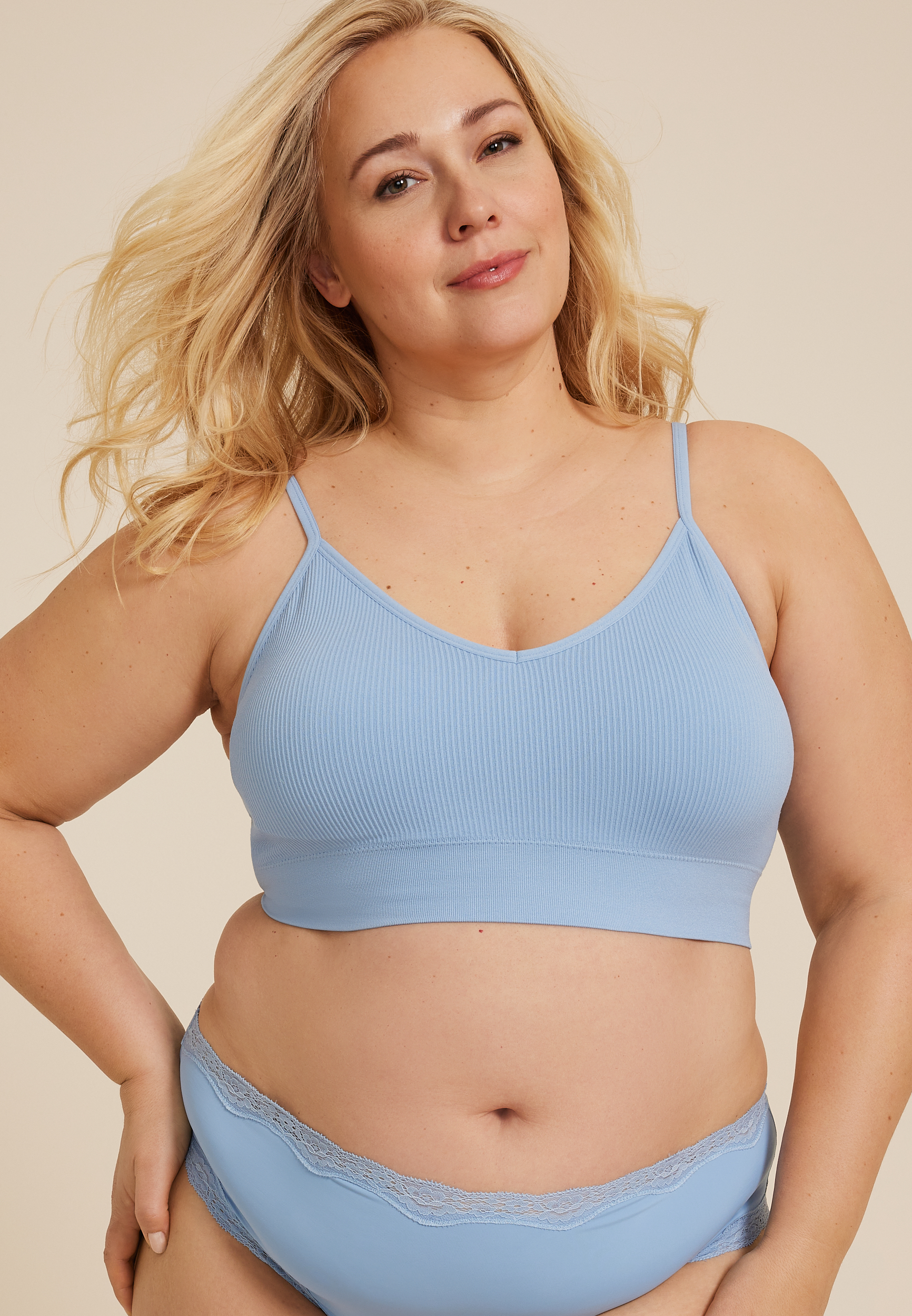 True Stretch Seamless Ribbed V Neck Bralette, , large