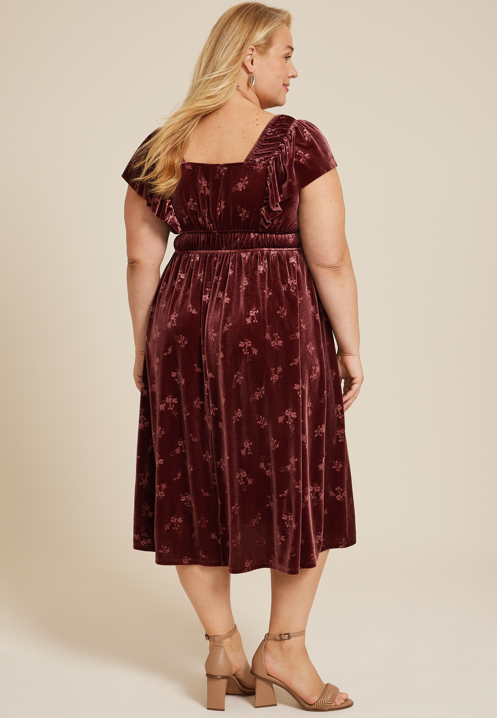 Plus Size Velvet Jacquard Midi Dress, BROWN RUBY, large
