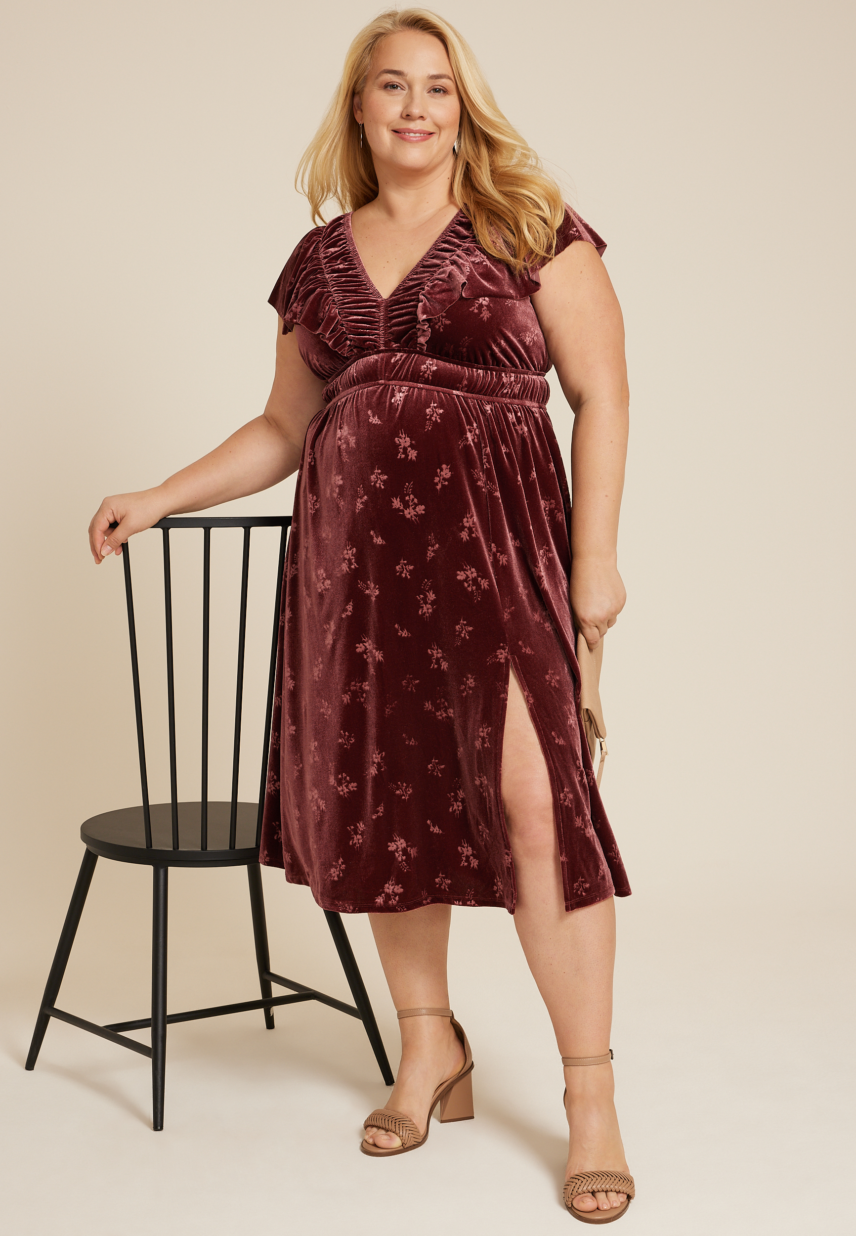 Plus Size Velvet Jacquard Midi Dress, BROWN RUBY, large