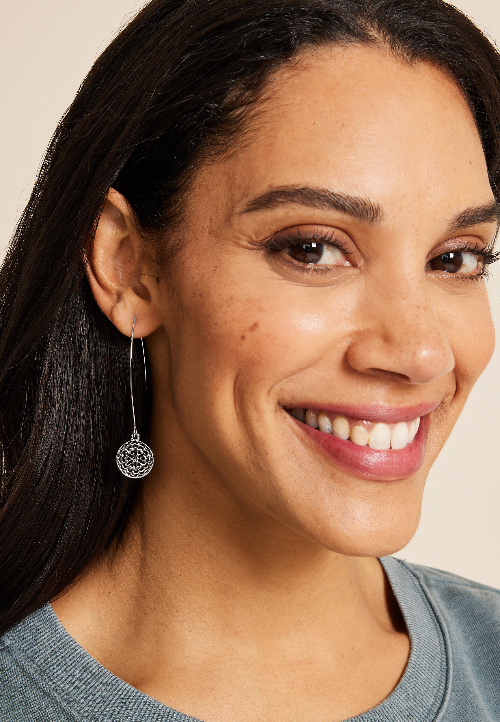 Silver Filigree Coin Drop Earrings, , large