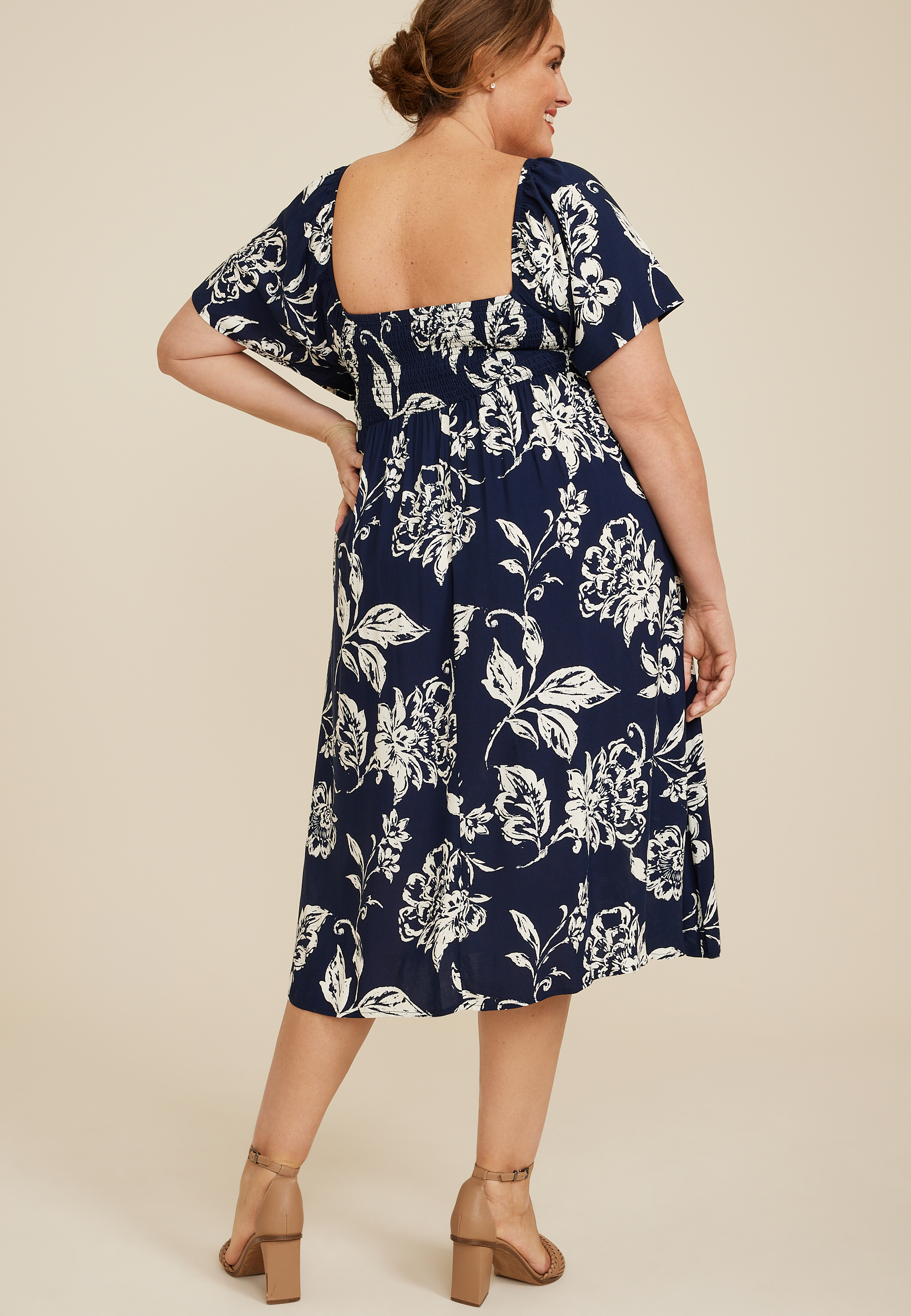 Plus Size Floral Pleated Bodice Midi Dress, C1943, large