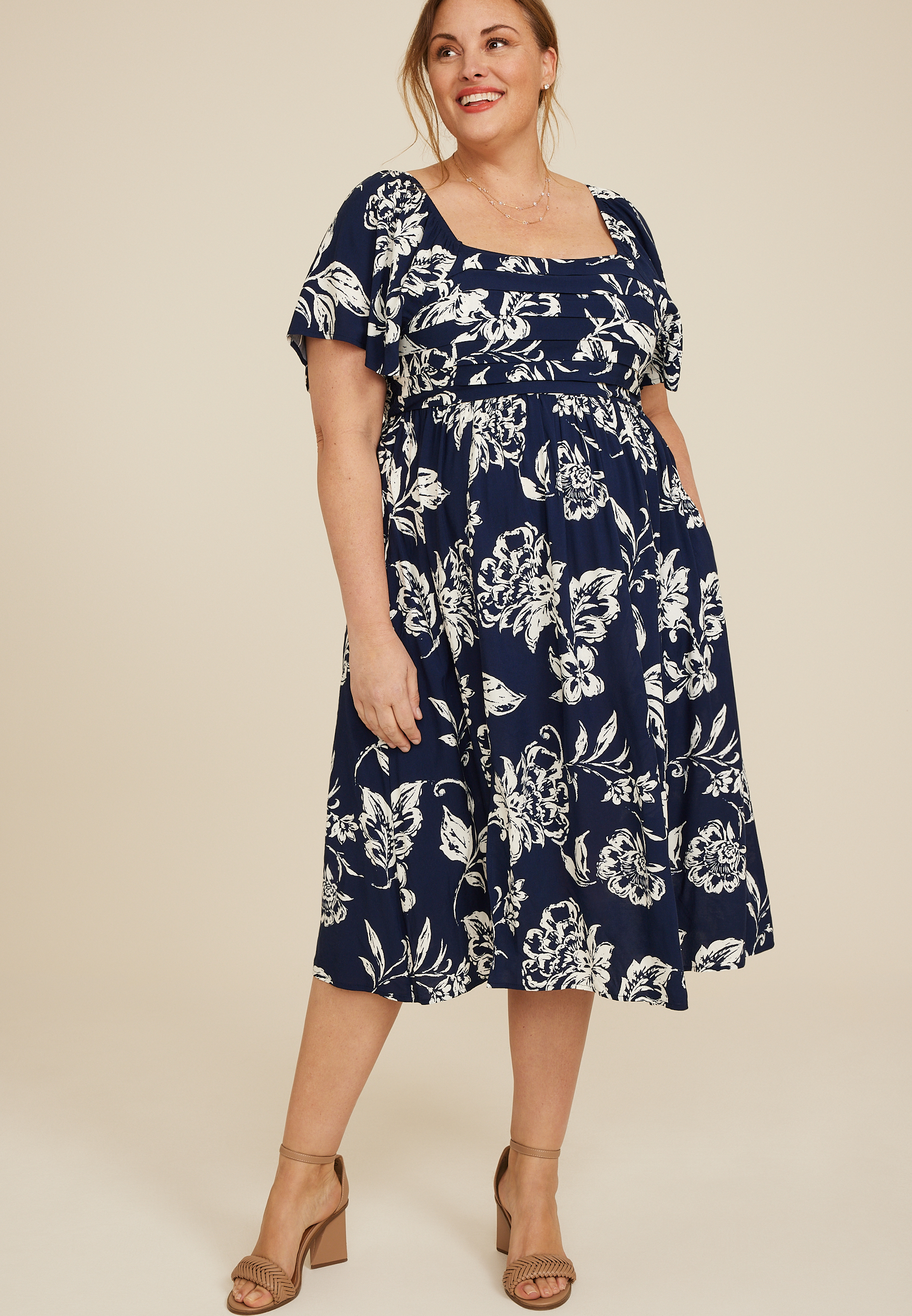 Plus Size Floral Pleated Bodice Midi Dress, C1943, large