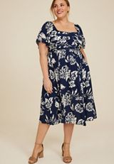 Plus Size Floral Pleated Bodice Midi Dress, C1943, small