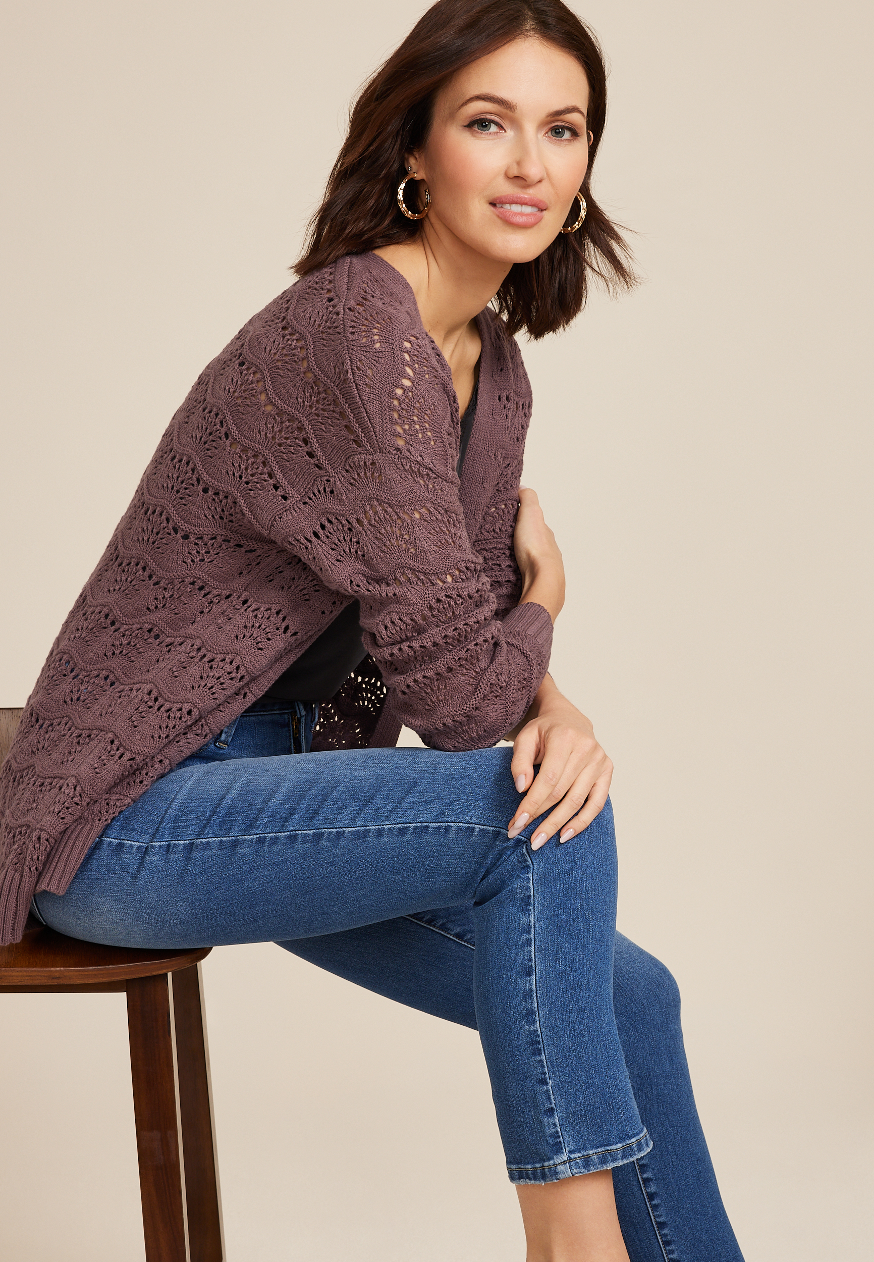 Open Stitch Cardigan, BROWN ARROW, large