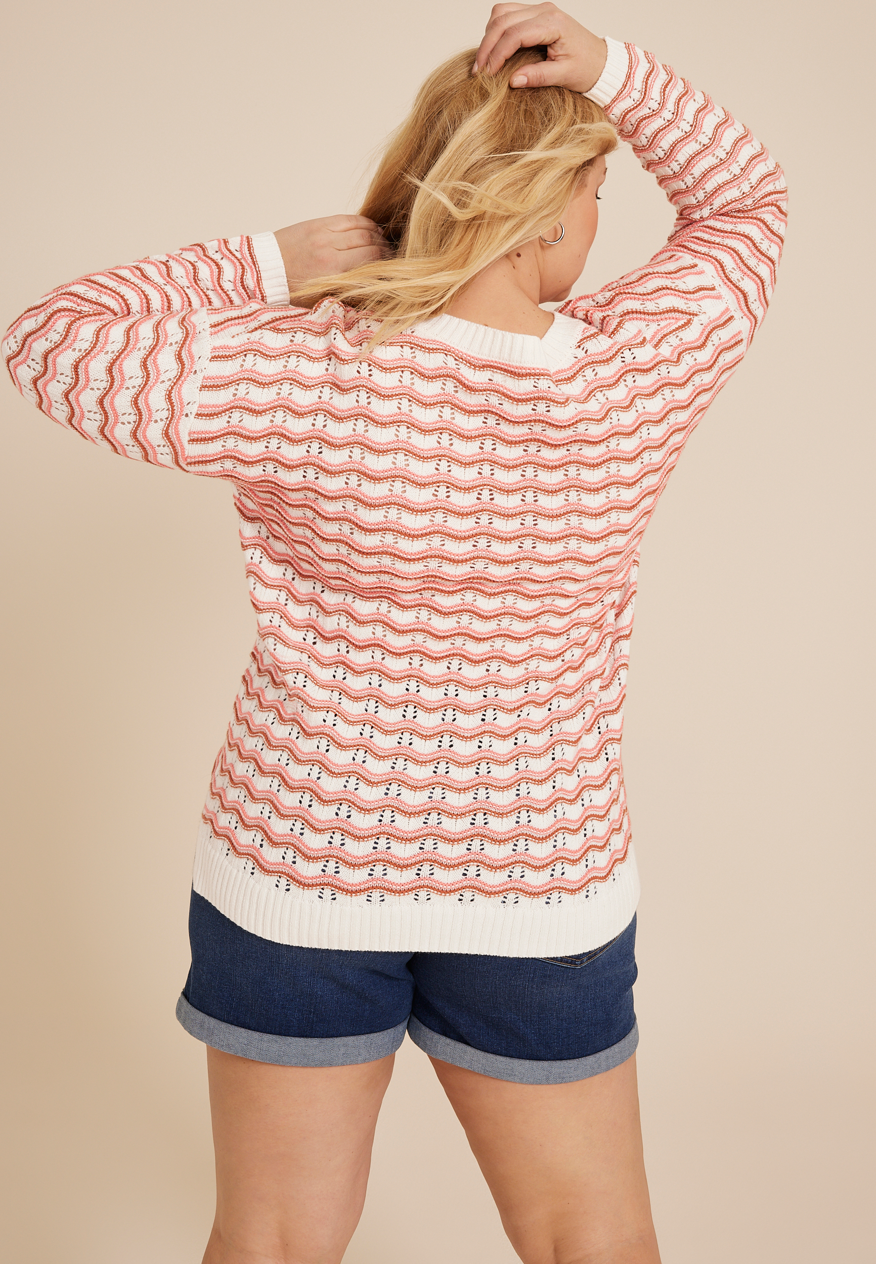 Plus Size Wavy Striped Sweater, , large