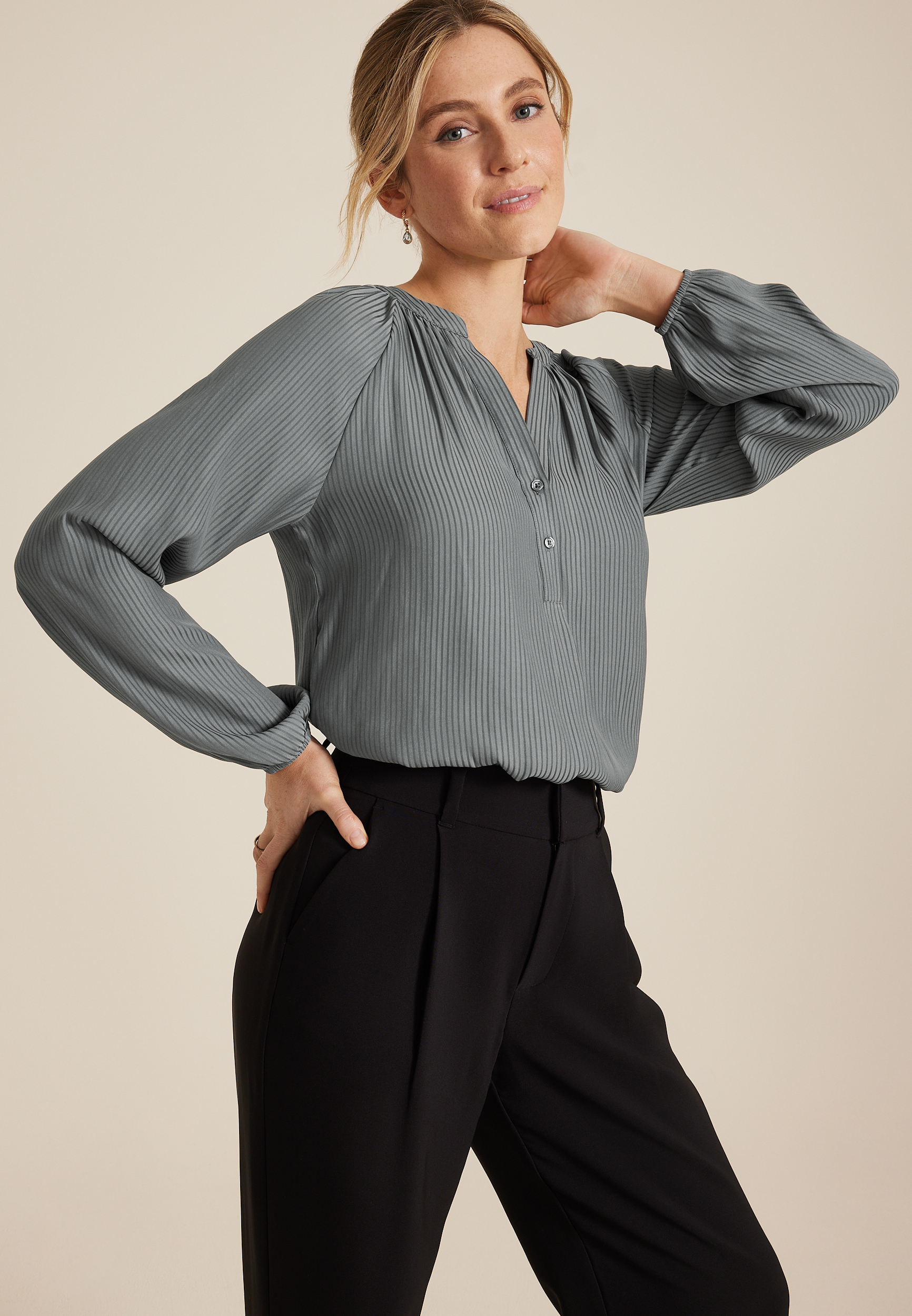 Striped V Neck Henley Blouse