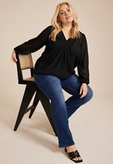 Plus Size Crochet Trim V Neck Blouse, C106, small