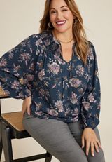 Plus Size Navy Floral Peasant Blouse, NAVY COMBO, small