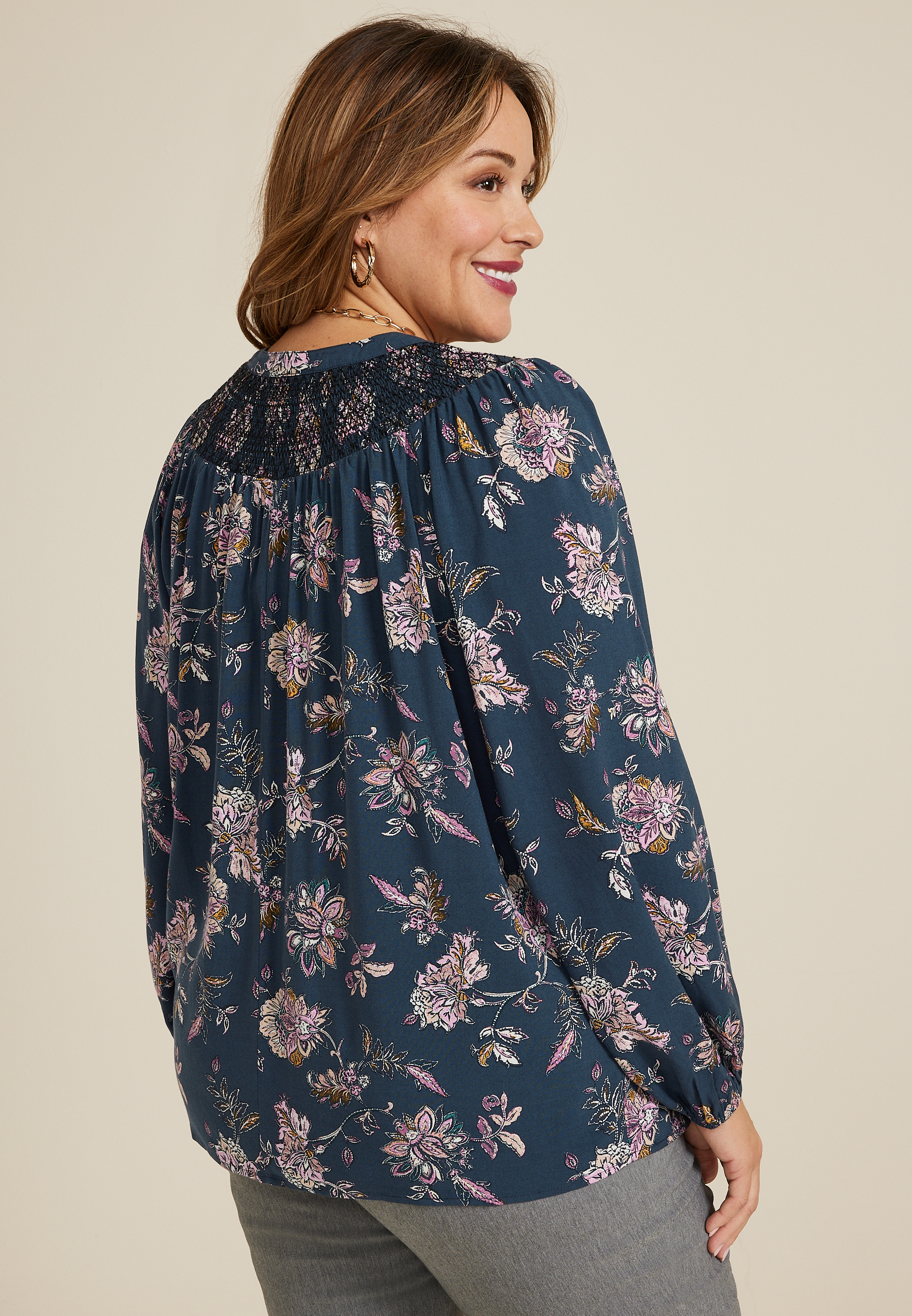 Plus Size Navy Floral Peasant Blouse, NAVY COMBO, large