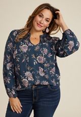 Plus Size Navy Floral Peasant Blouse, NAVY COMBO, small