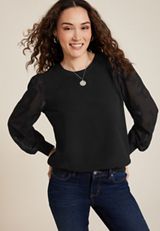 Floral Embroidered Long Sleeve Top, BLACK, small