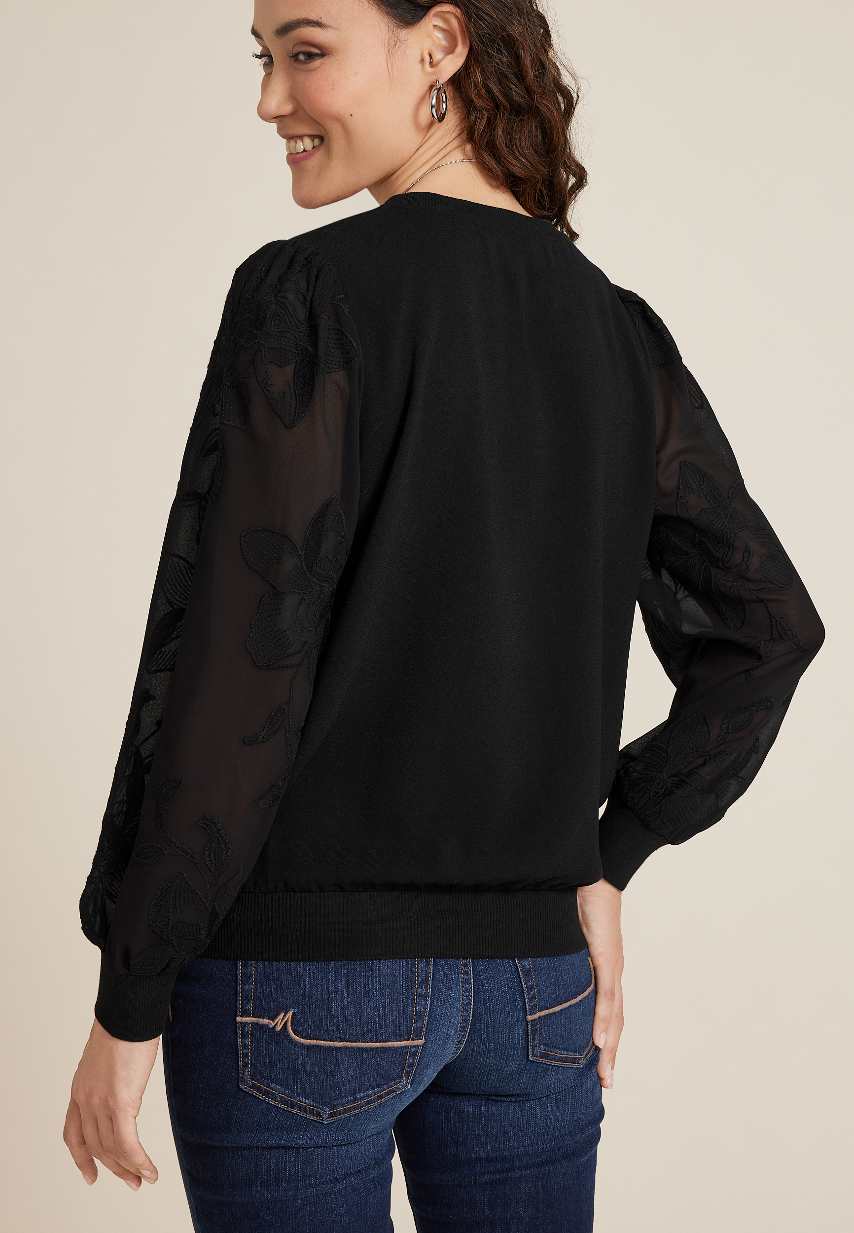 Floral Embroidered Long Sleeve Top, BLACK, large