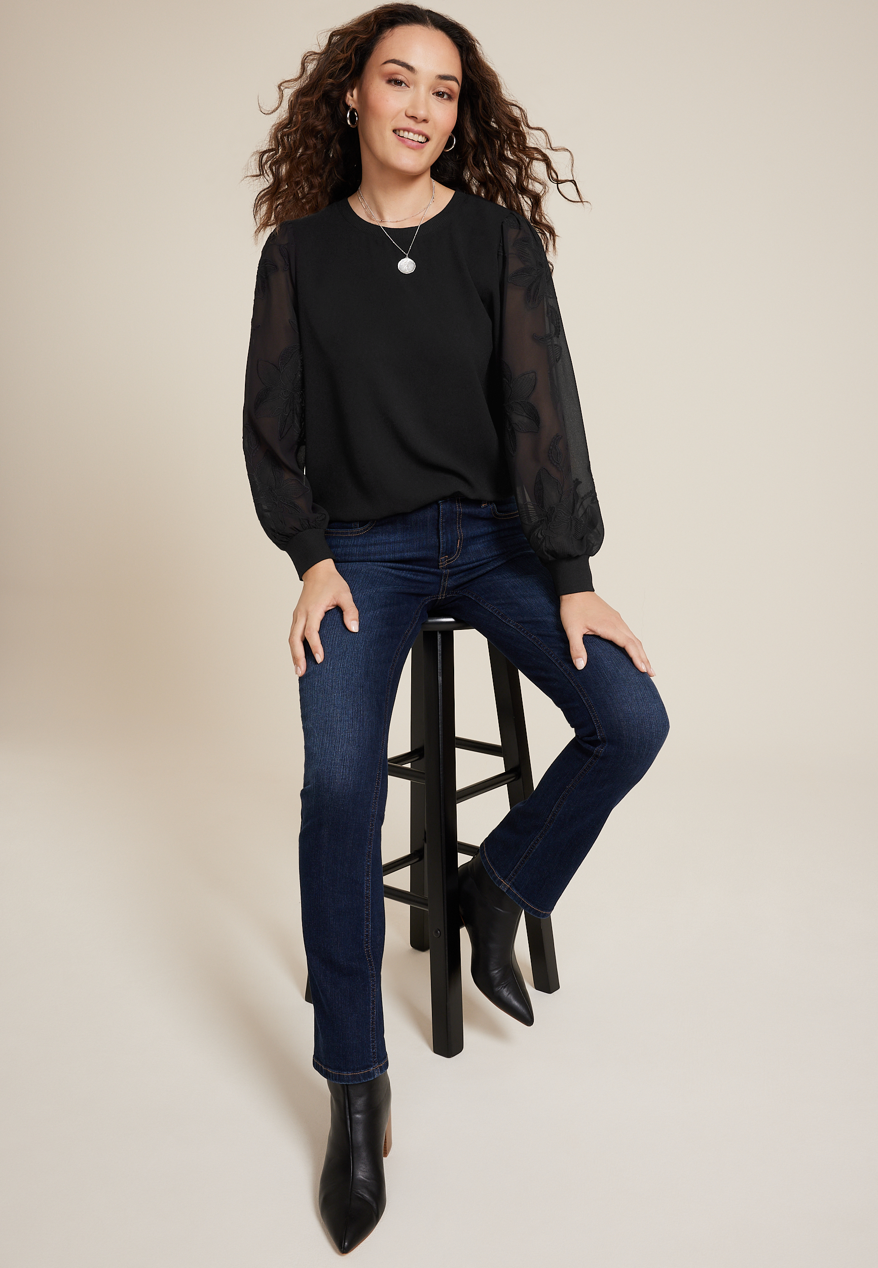 Floral Embroidered Long Sleeve Top, BLACK, large