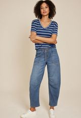Dark Mid Rise Pull On Drawstring Barrel Jean, , small