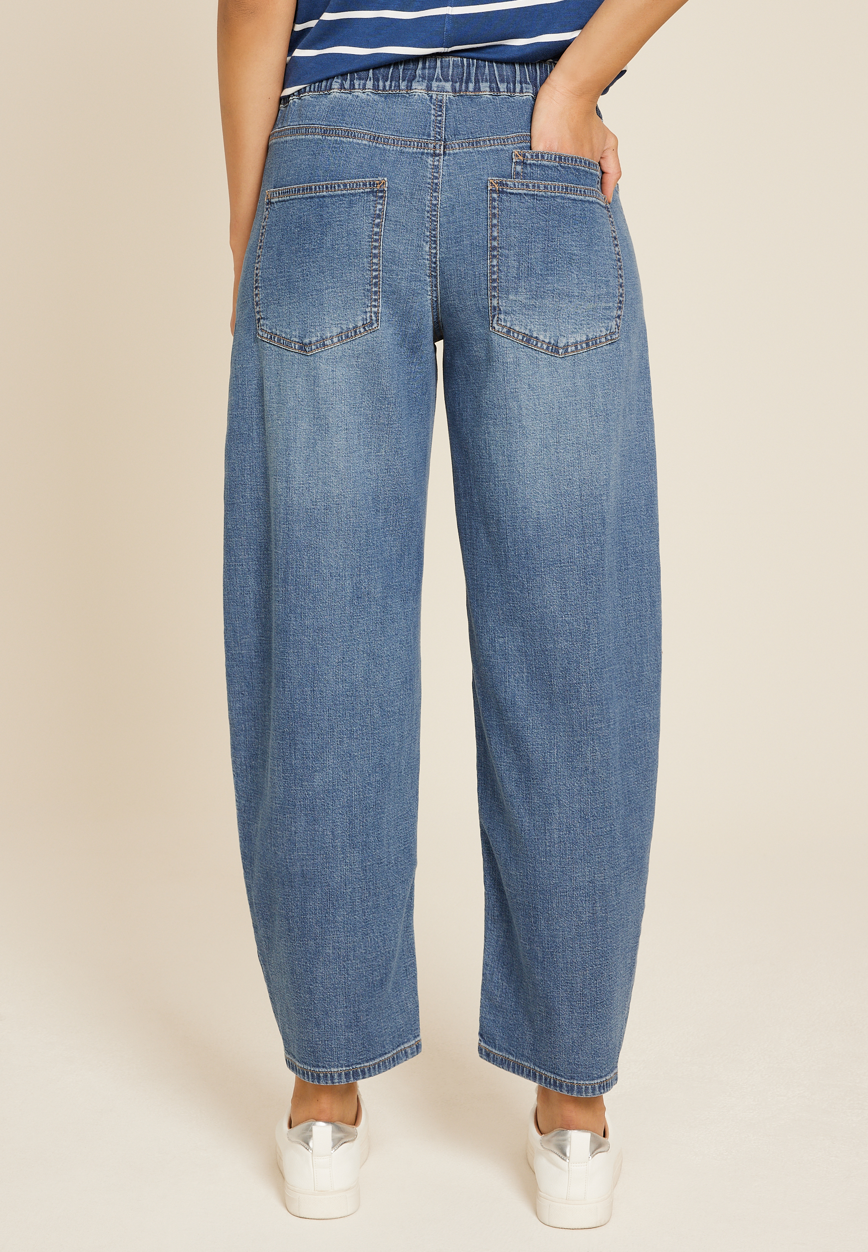 Dark Mid Rise Pull On Drawstring Barrel Jean, , large