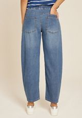 Dark Mid Rise Pull On Drawstring Barrel Jean, , small