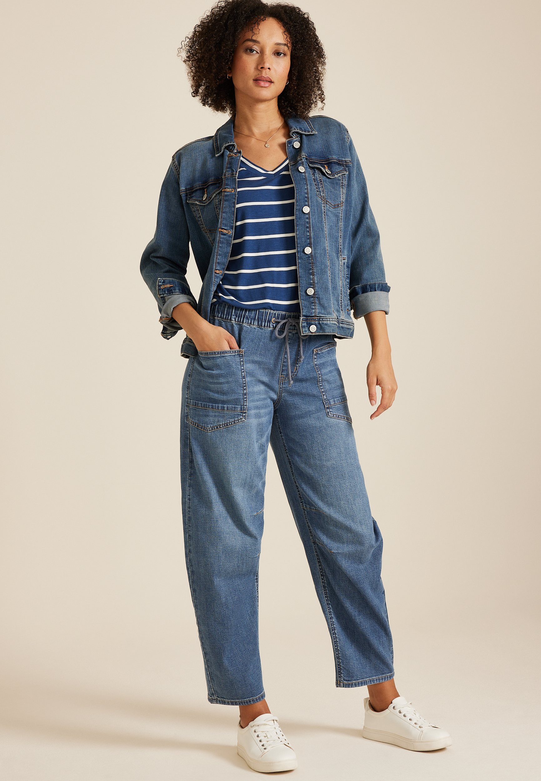 Dark Mid Rise Pull On Drawstring Barrel Jean, , large