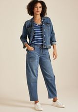 Dark Mid Rise Pull On Drawstring Barrel Jean, , small