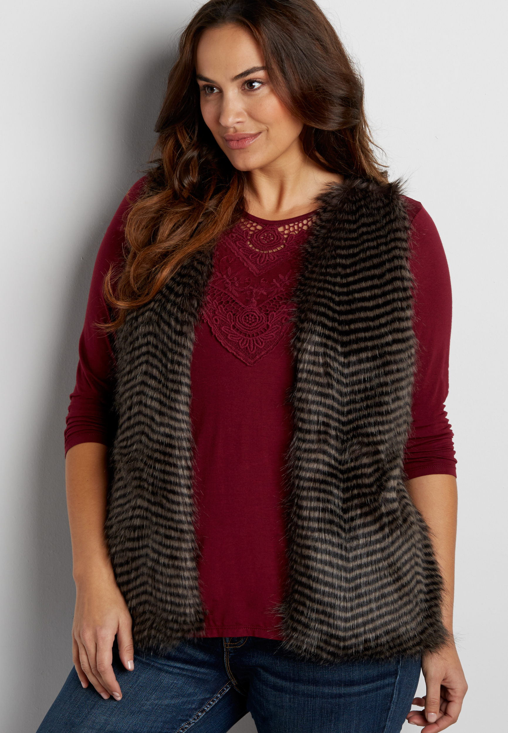 plus size striped faux fur vest with knit back maurices