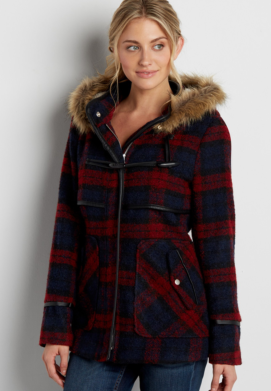 wool blend plaid coat with faux leather trim | maurices