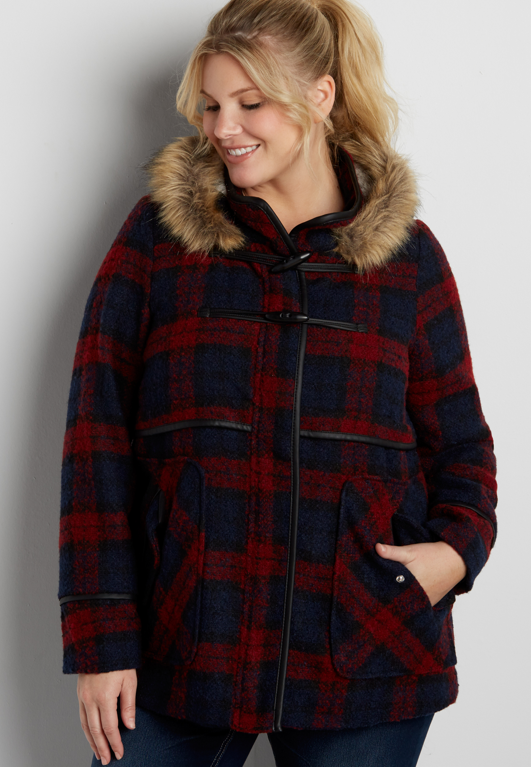 plus size wool blend plaid coat with faux leather trim | maurices