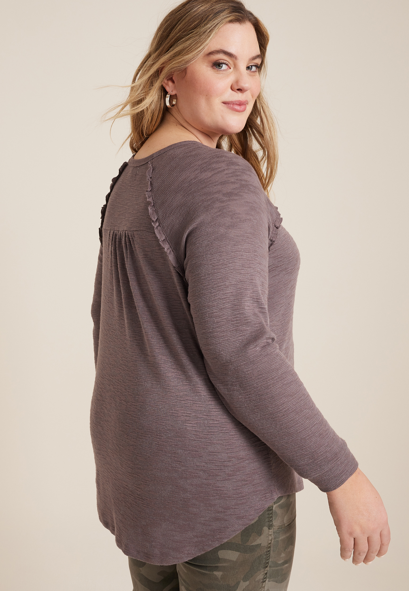 Plus Raglan Long Sleeve Ruffle Trim Tee