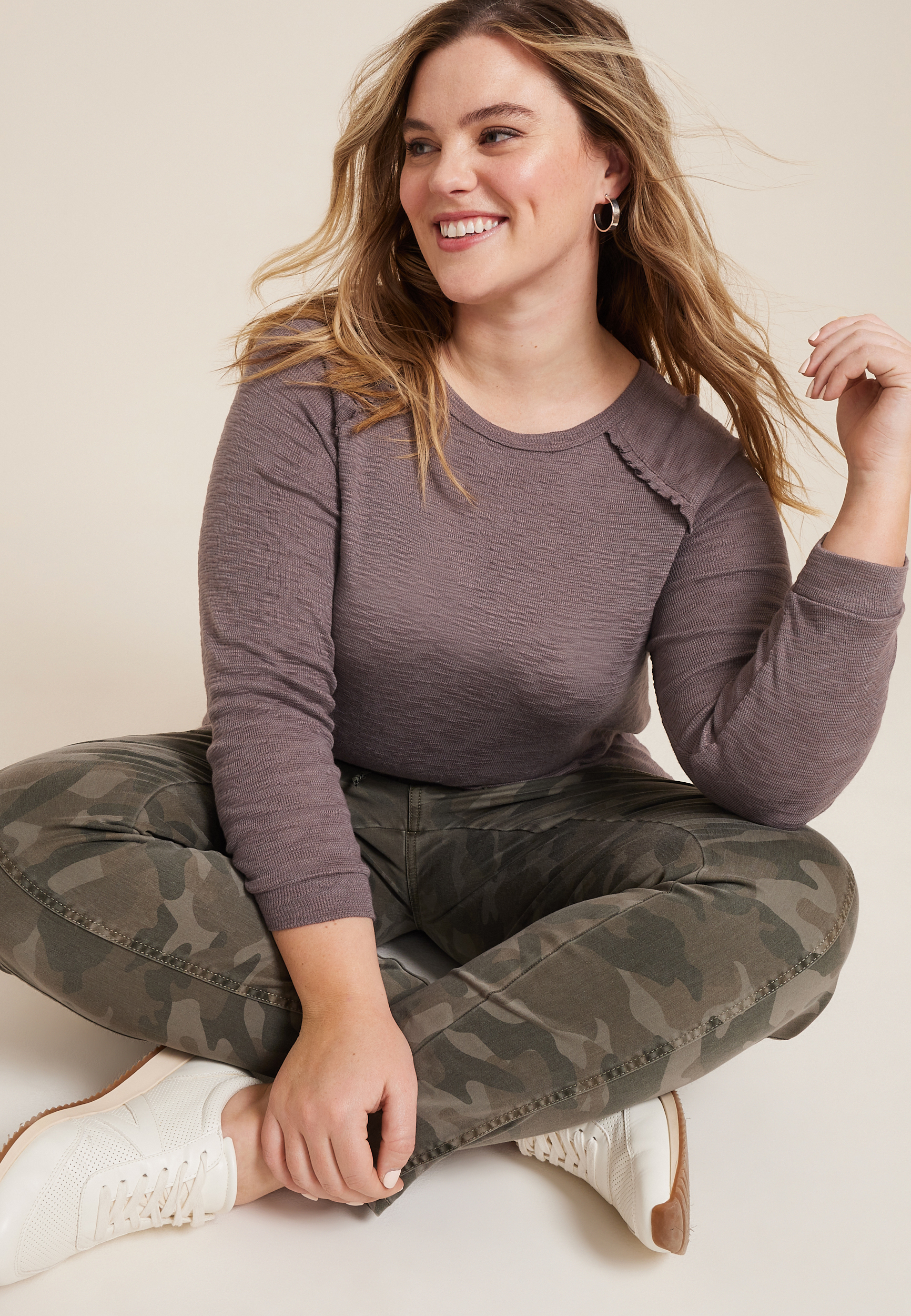 Plus Raglan Long Sleeve Ruffle Trim Tee