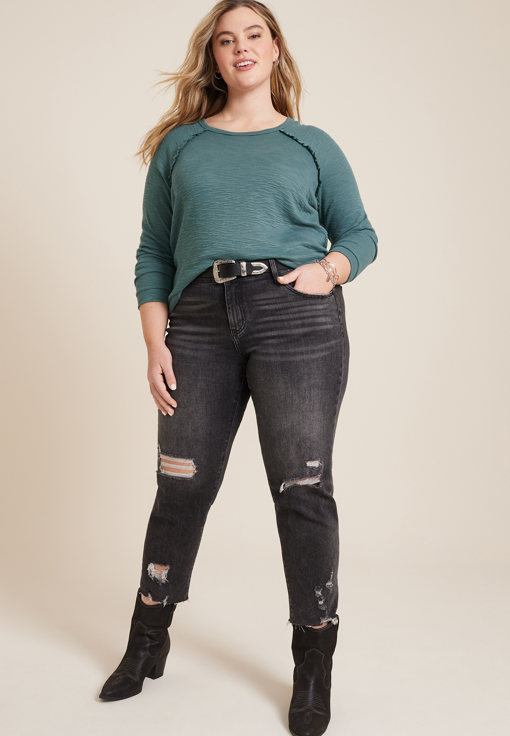 Plus Size Raglan Long Sleeve Ruffle Trim Tee, C9402, large
