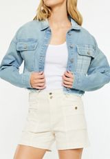 KanCan&trade; Rigid Plaid Drop Shoulder Crop Jacket, LIGHT SANDBLAST, small