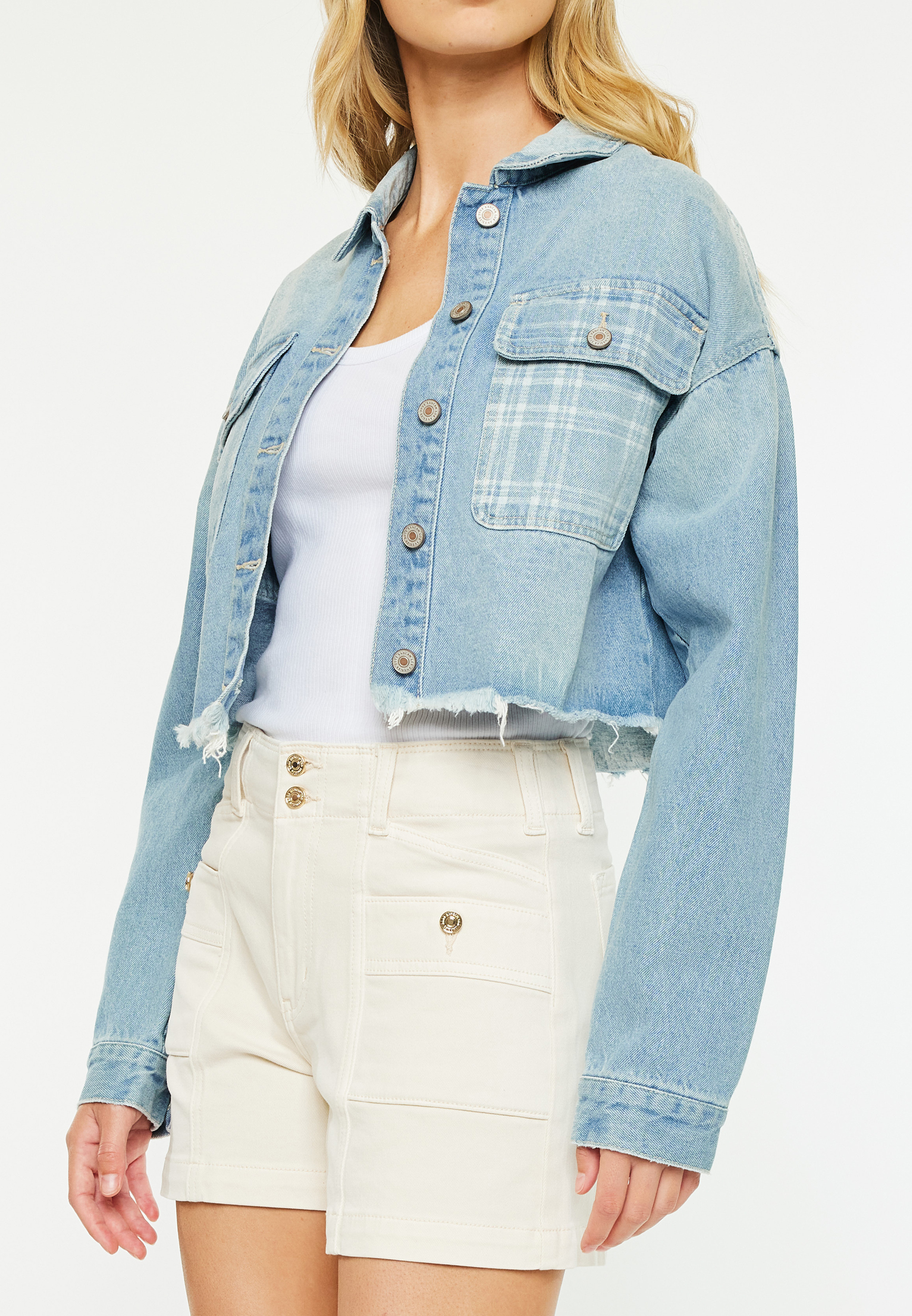 KanCan&trade; Rigid Plaid Drop Shoulder Crop Jacket, LIGHT SANDBLAST, large