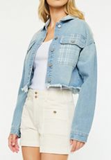 KanCan&trade; Rigid Plaid Drop Shoulder Crop Jacket, LIGHT SANDBLAST, small