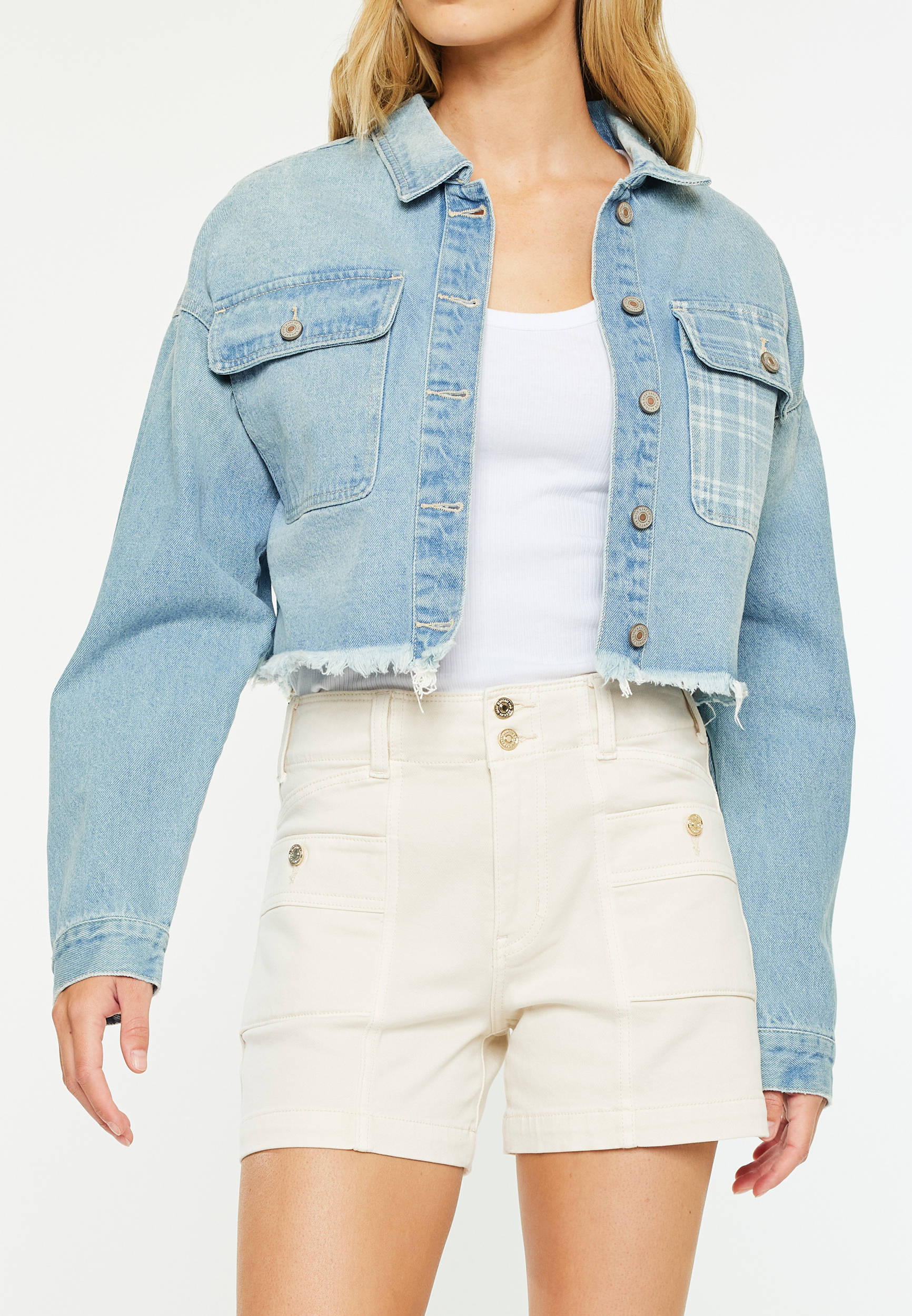 KanCan&trade; Rigid Plaid Drop Shoulder Crop Jacket, LIGHT SANDBLAST, large