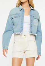 KanCan&trade; Rigid Plaid Drop Shoulder Crop Jacket, LIGHT SANDBLAST, small