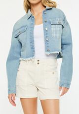 KanCan&trade; Rigid Plaid Drop Shoulder Crop Jacket, LIGHT SANDBLAST, small