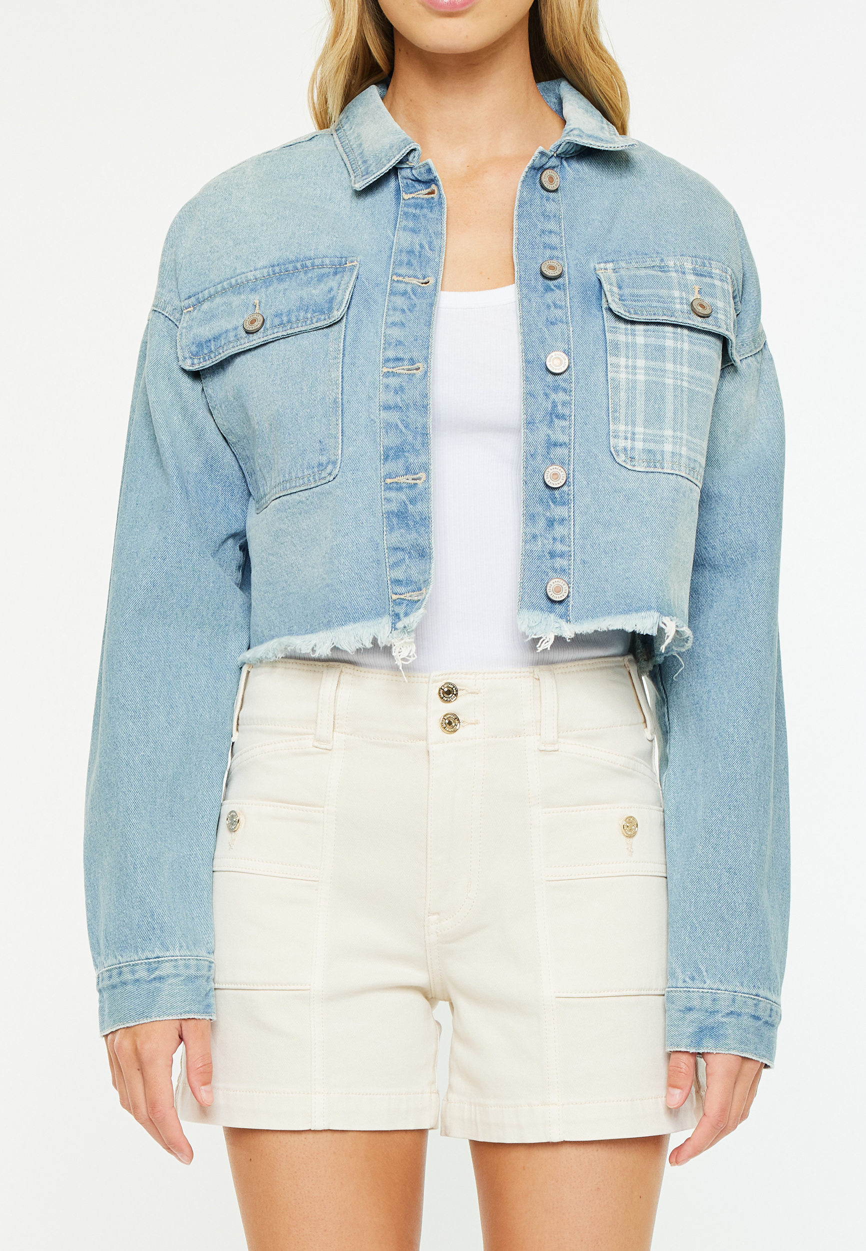KanCan&trade; Rigid Plaid Drop Shoulder Crop Jacket, LIGHT SANDBLAST, large