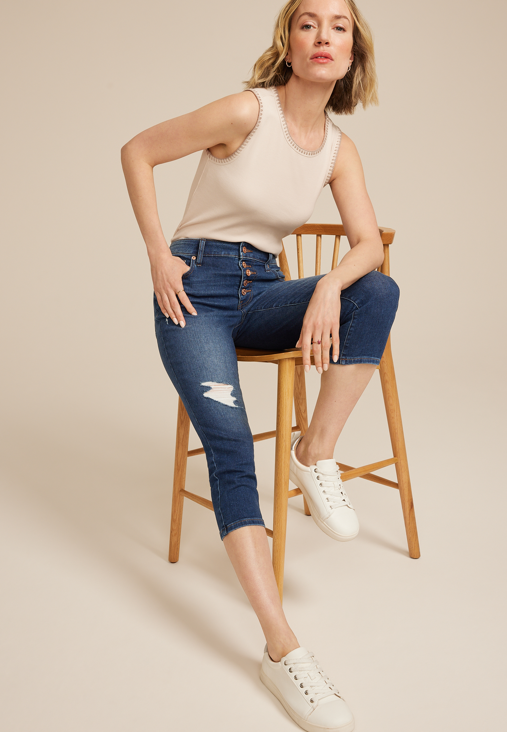 m jeans by maurices&trade; Dark High Rise Button Fly Capri, , large