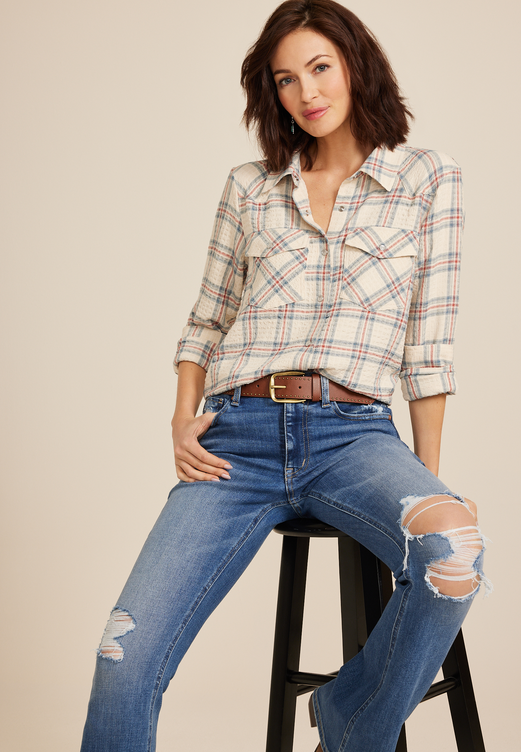 Pucker Plaid Button Down Shirt, MULTI, large