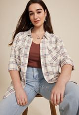 Plus Size Pucker Plaid Button Down Shirt, C1524, small