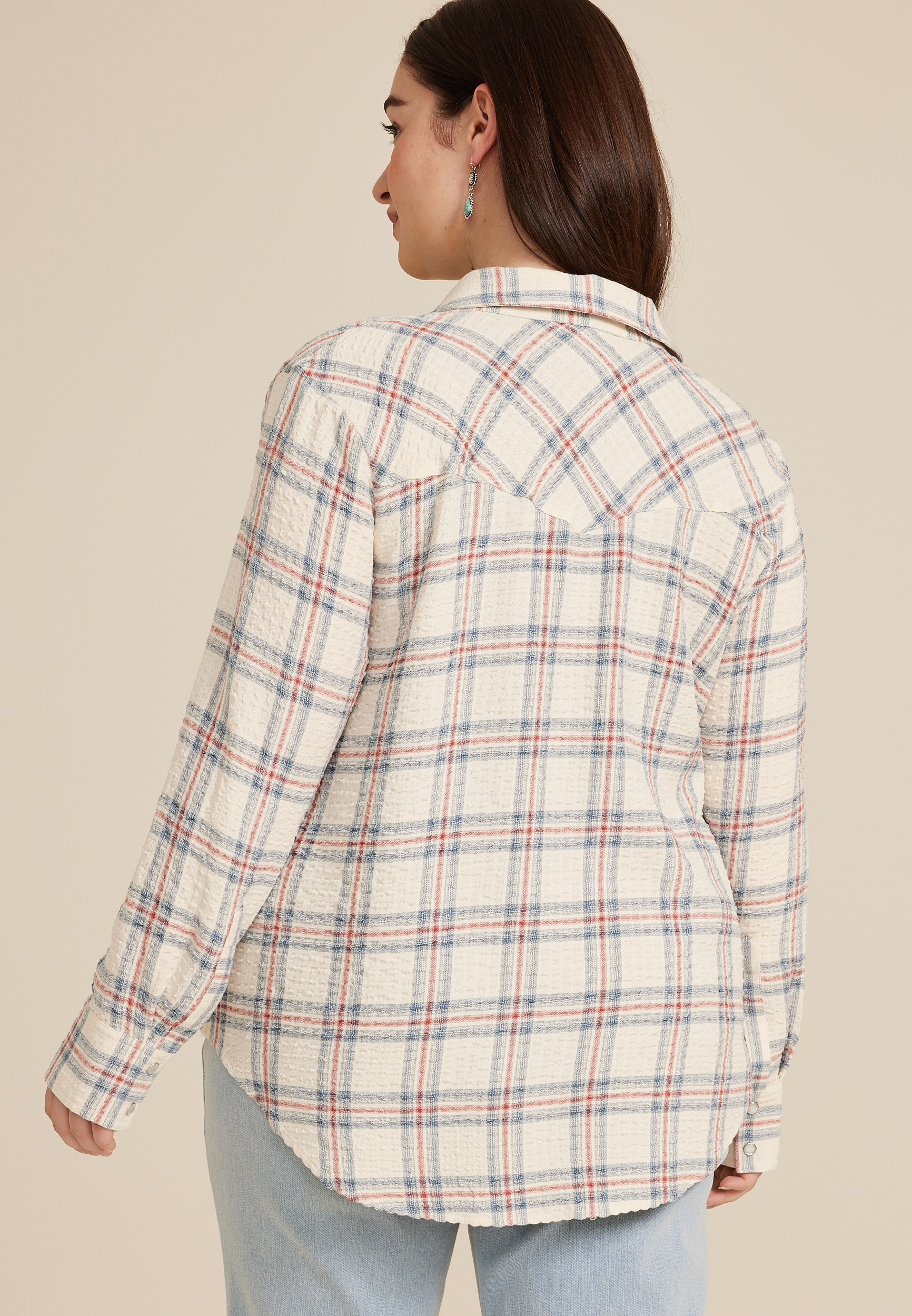 Plus Size Pucker Plaid Button Down Shirt, C1524, large