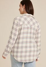 Plus Size Pucker Plaid Button Down Shirt, C1524, small