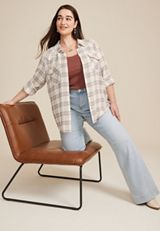 Plus Size Pucker Plaid Button Down Shirt, C1524, small