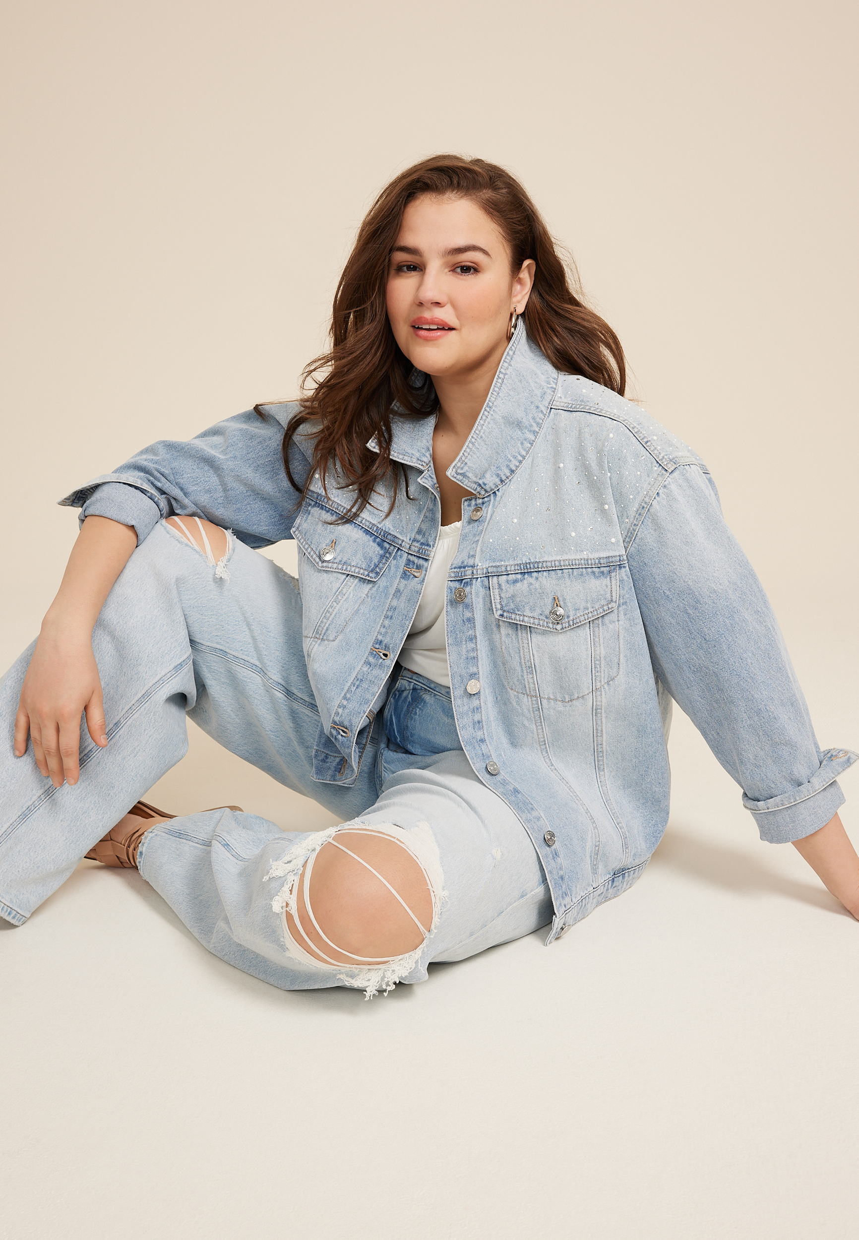 Plus Size Light Nonstretch Sparkle Denim Jacket, C2806, large