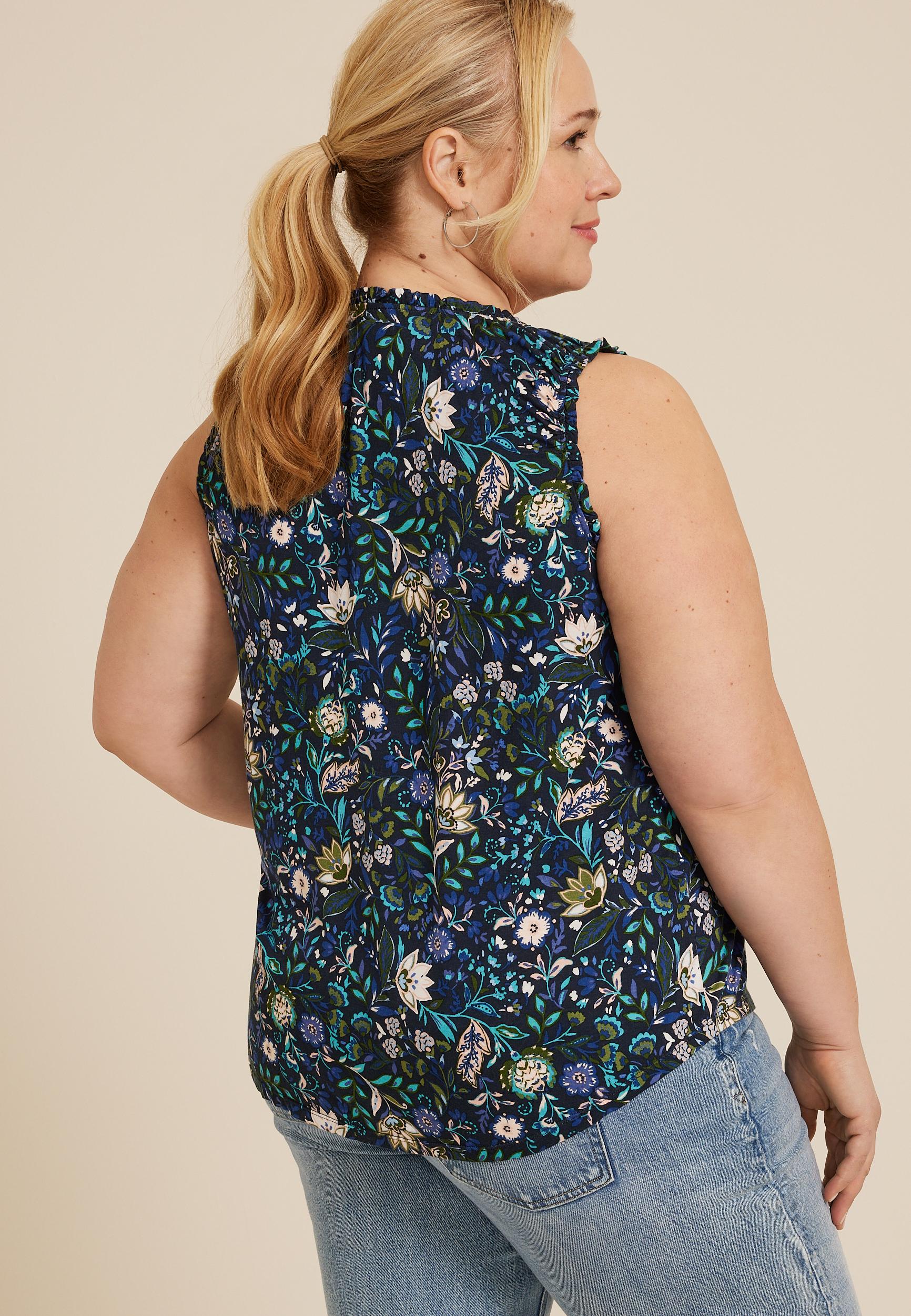 Plus Size Effortless Ruched Floral Tank Top, , large