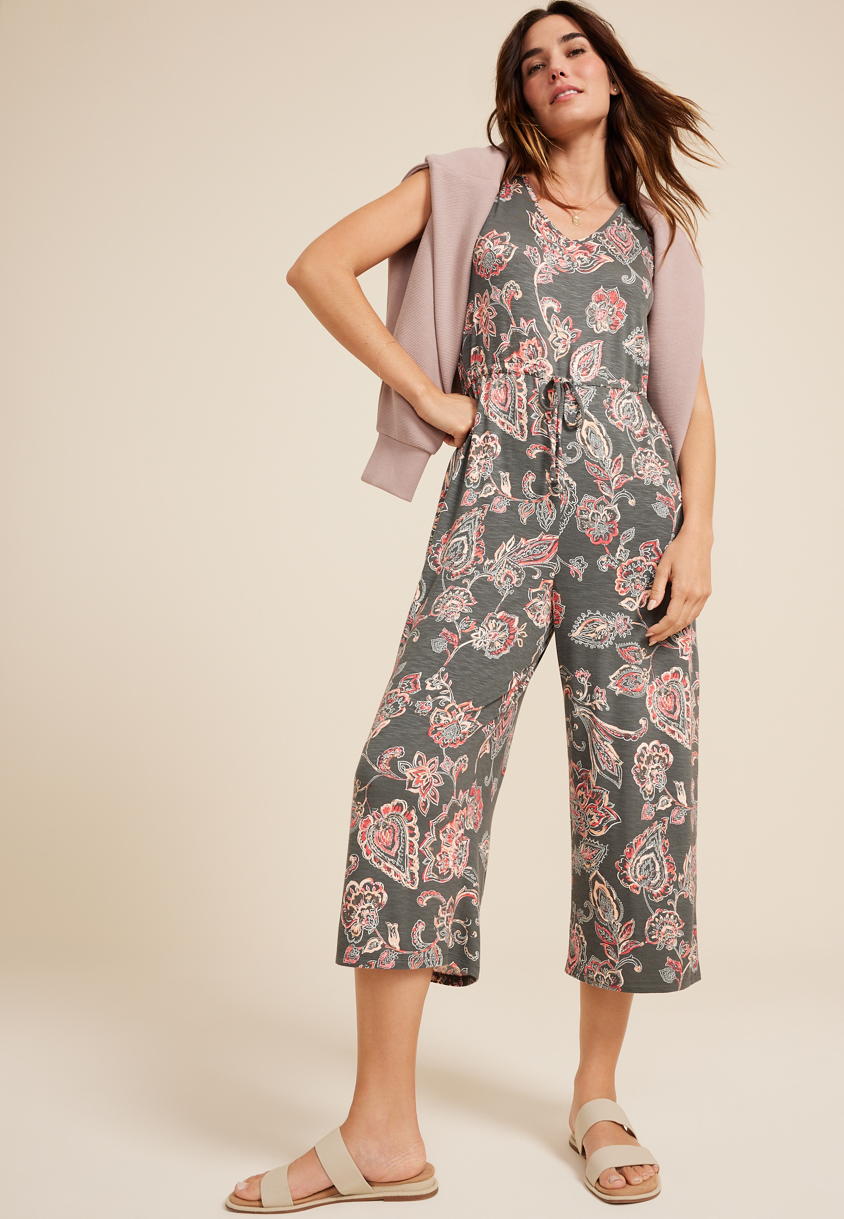 24/7 Paisley Tie Front Jumpsuit