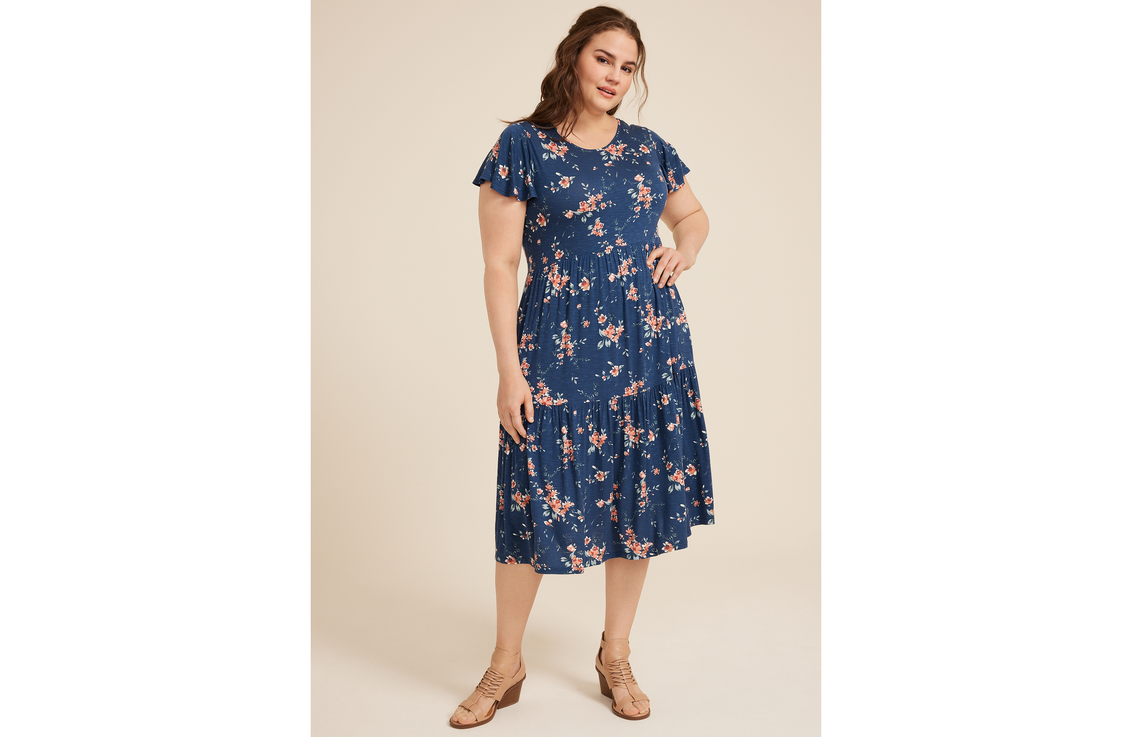 Plus 24/7 Flutter Sleeve Floral Midi Dress