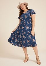 Plus Size 24/7 Flutter Sleeve Floral Midi Dress, C4131, small